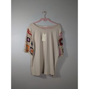 Boho Crochet Granny Square Sleeves Top Tan Beige Women XL Greige New
